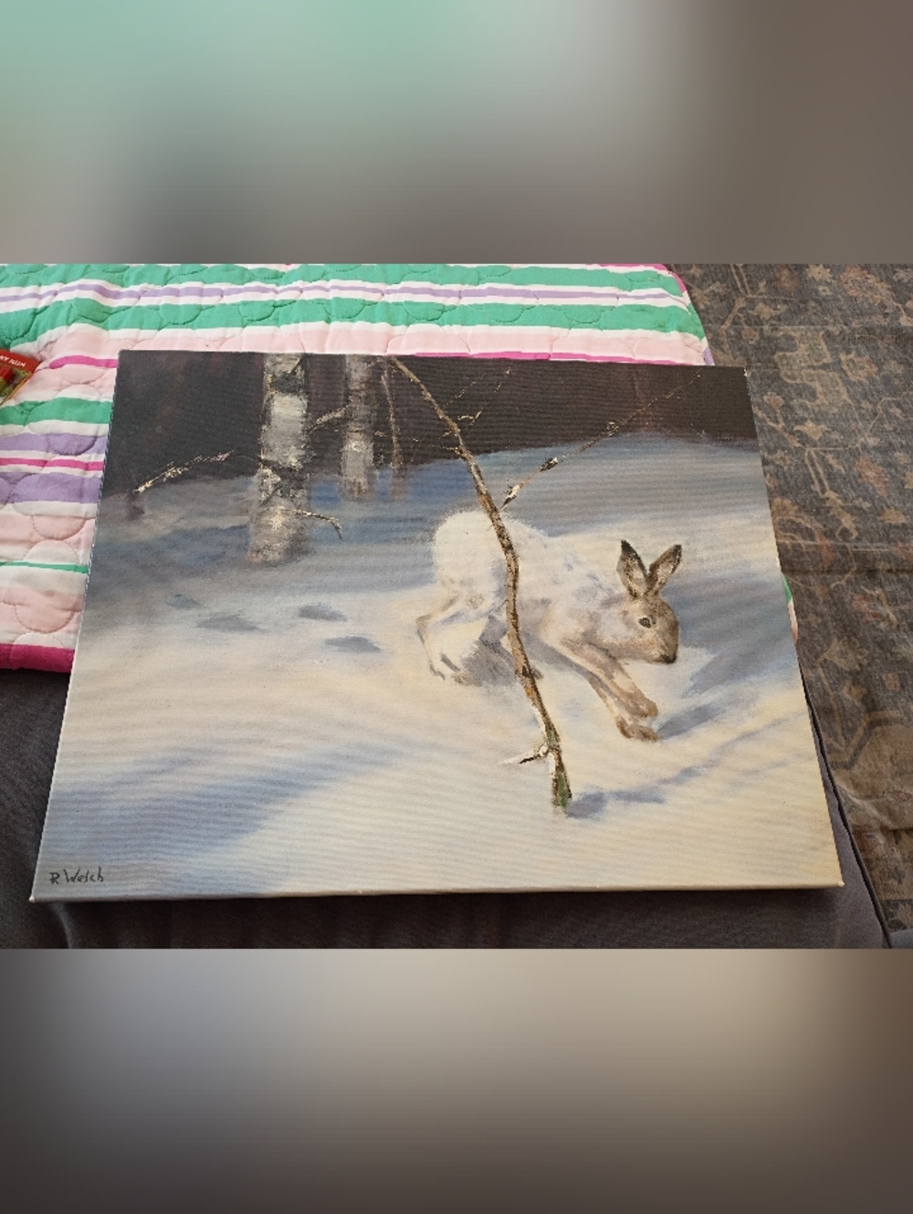 R. Welch Winter Hare Canvas Art Painting in White and Gray